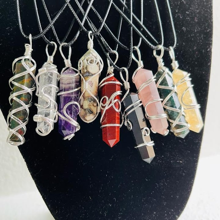 Double Terminated Points Silver Wrapped Pendants