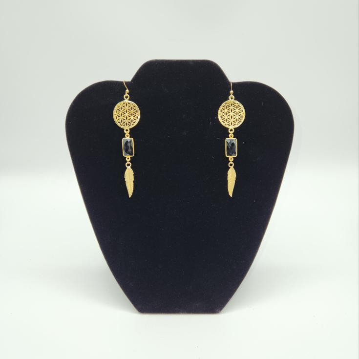 18K Gold Plated Onyx/Flower of Life Earrings