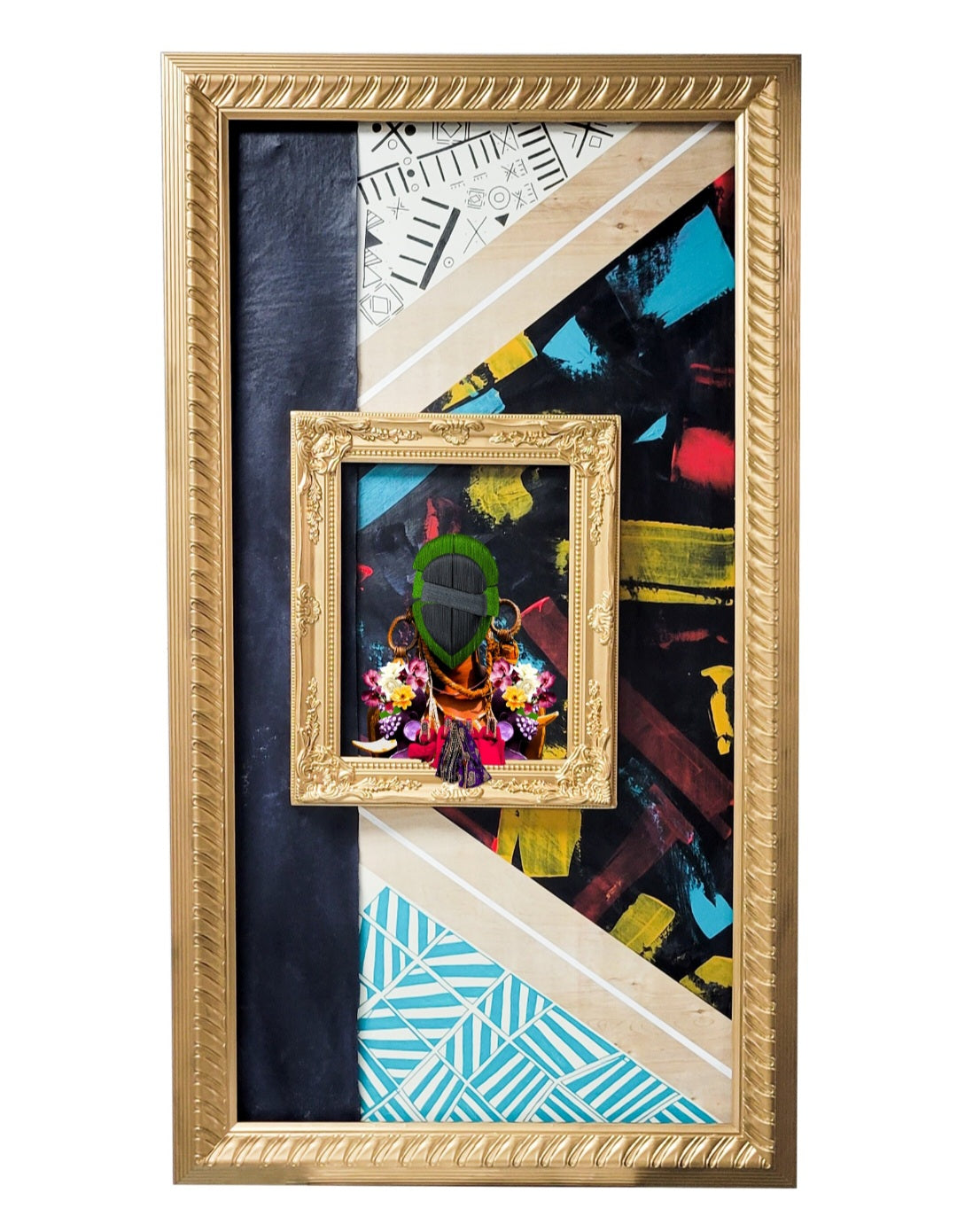 Gold-framed collage with various artworks on a white background