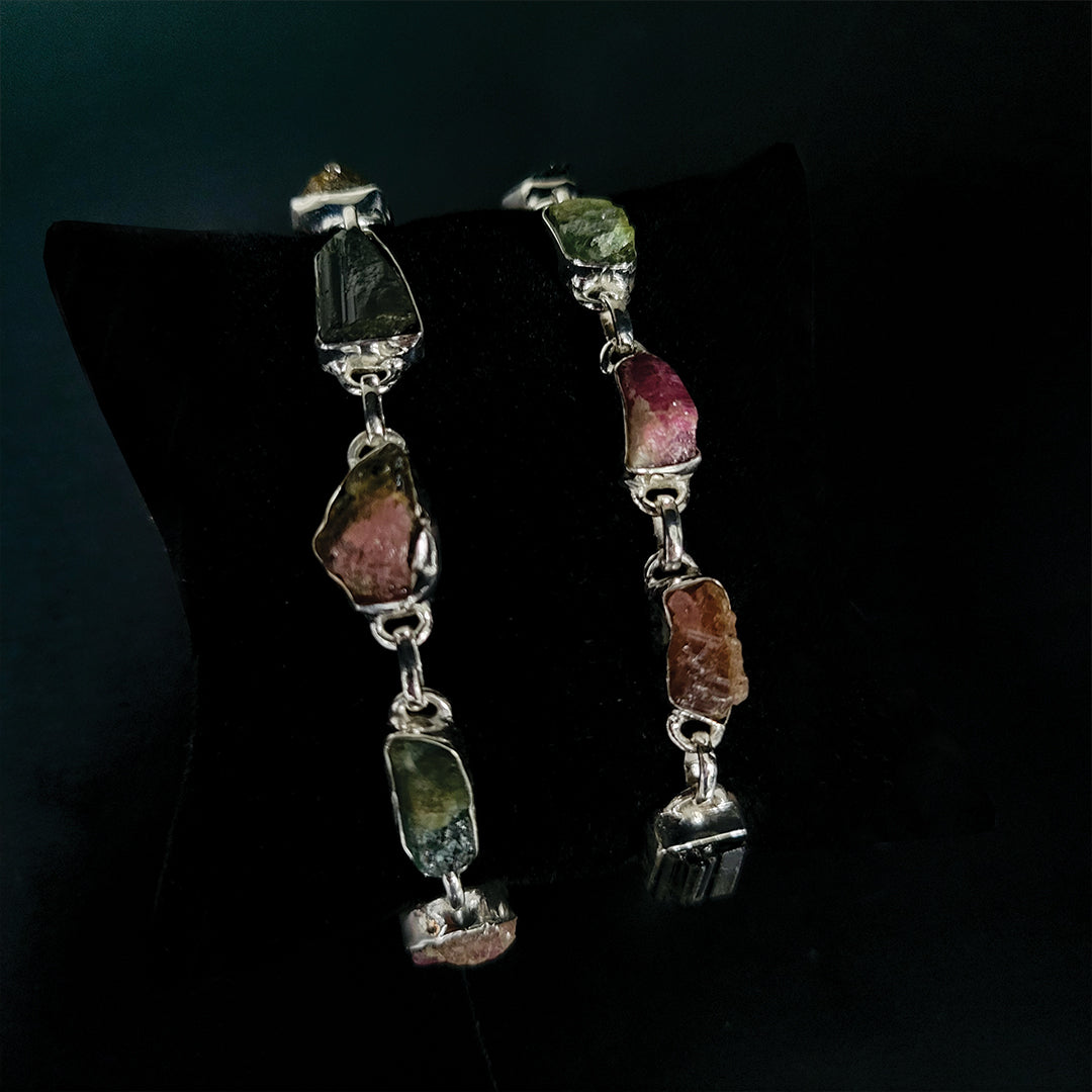 Sterling Silver Assorted Raw Tourmaline Bracelet