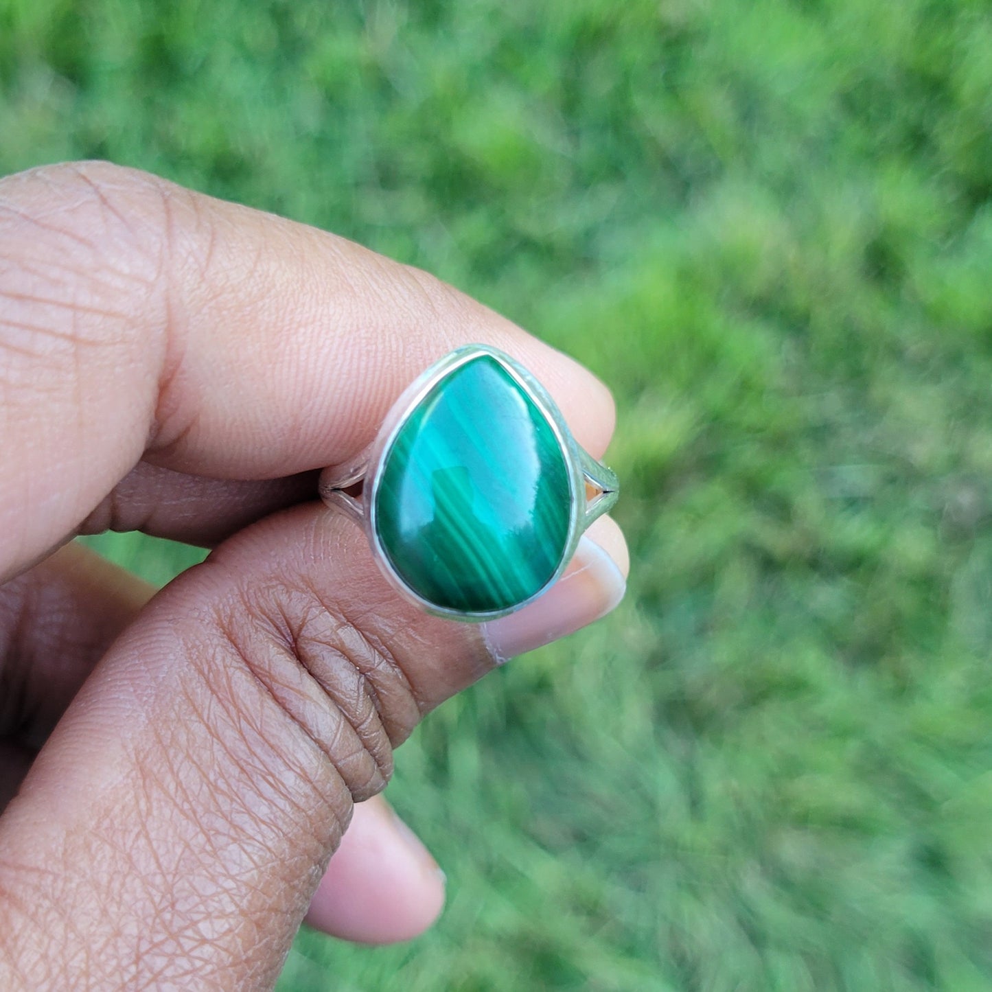 Sterling Silver Tear Drop Shaped Malachite Ring- Self discovery | Hormonal balance | Releases frustrations