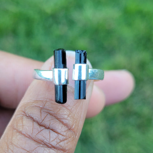Sterling Silver Black Tourmaline Adjustable Rings- Protection | Security | Removing negativity