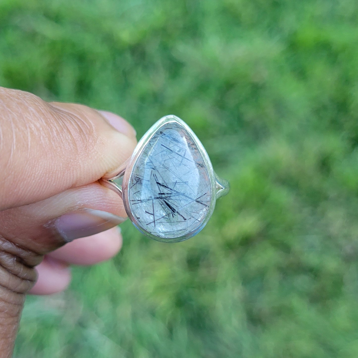 Sterling Silver Tear Drop Shaped Tourmalined Quartz Ring- Purification | Recovery From Negative Influences