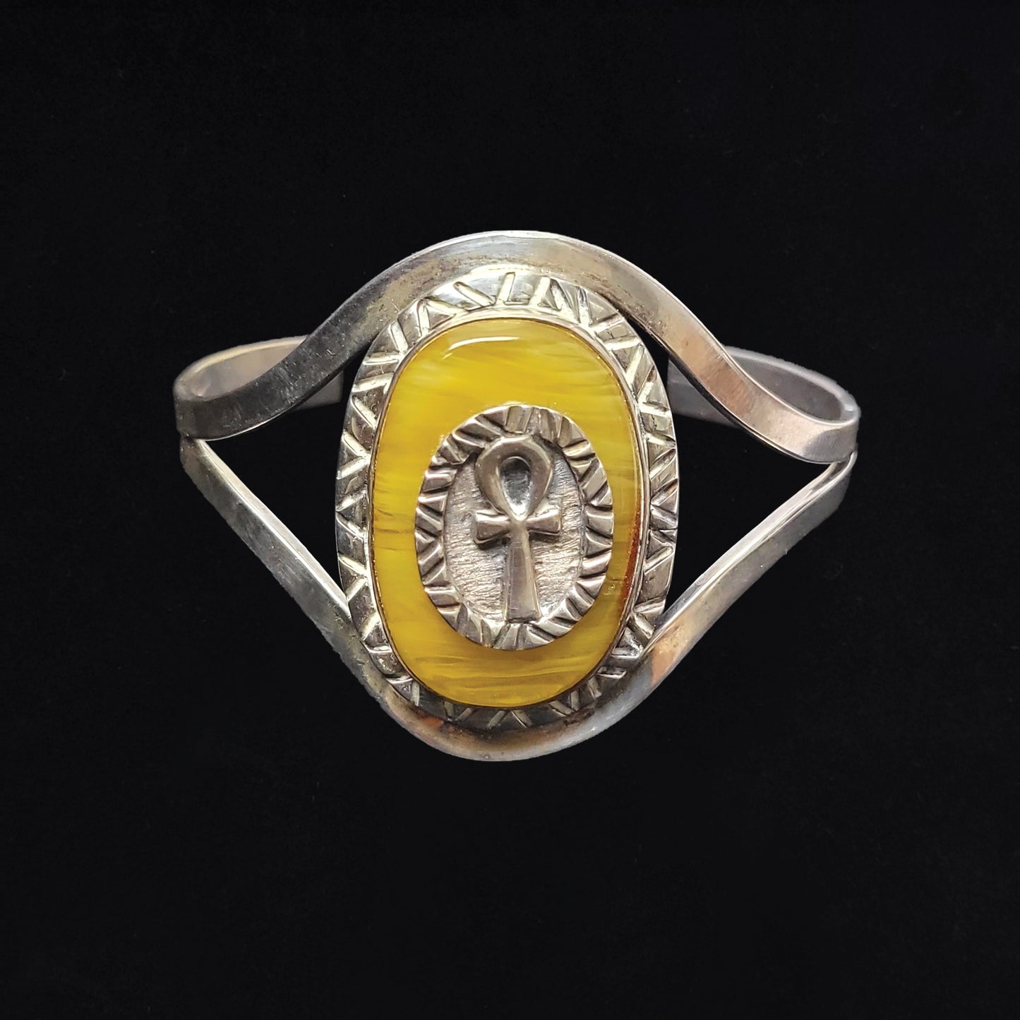 Sterling Amber Cuff With Ankh Accent- Increases energy levels | Personal evolution | Purifying