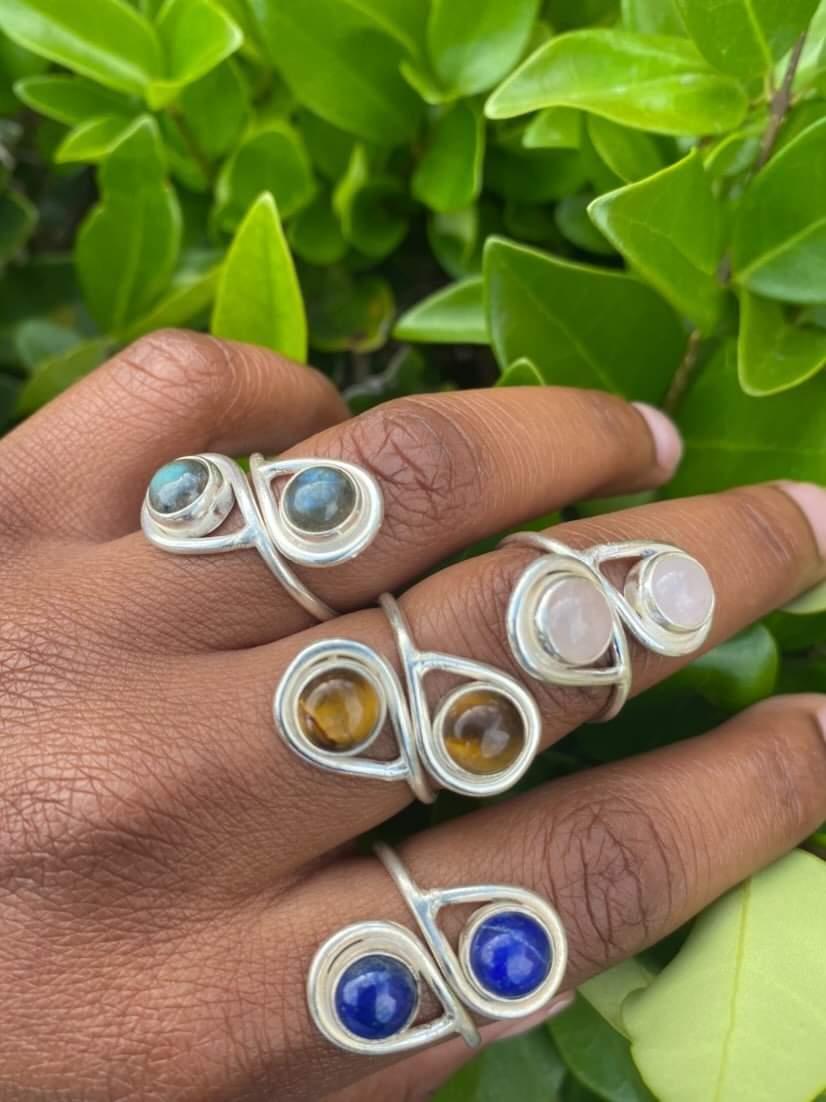 Sterling Silver Adjustable Rings W/ Grade A Healing Stones
