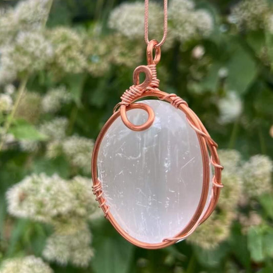 Copper Wrapped Selenite Pendant- Cleansing & charging other crystals | Helps with skeletal issues | Anxiety & Worry |Clarity of mind |Awareness of self