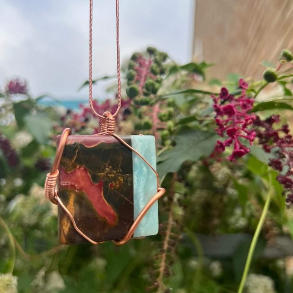 Copper Wrapped Red Creek Jasper/Amazonite Pendant