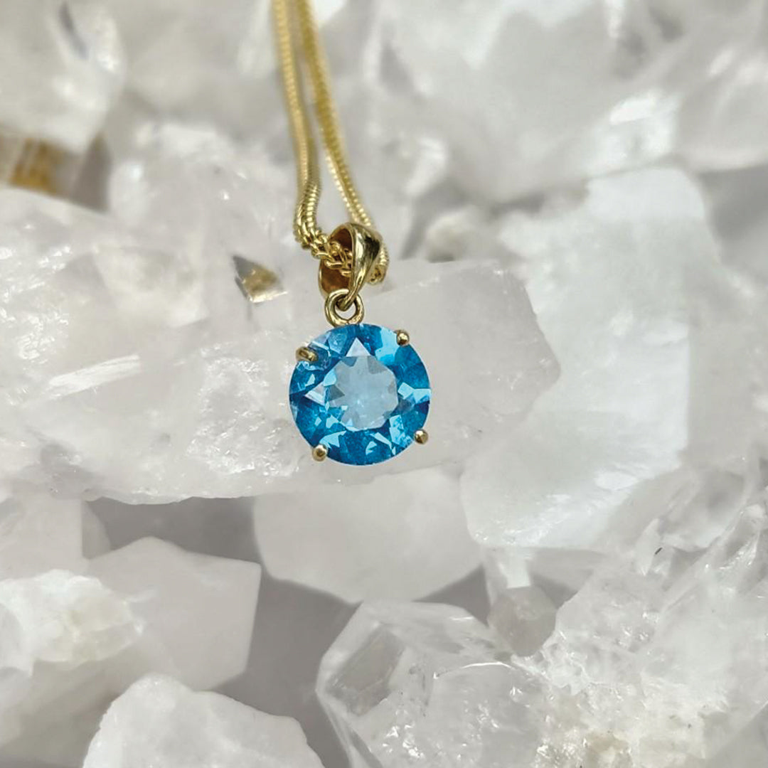 Round Blue Topaz Pendant Set In 10k Gold- Emotional balance | Clear communication | Increases focus
