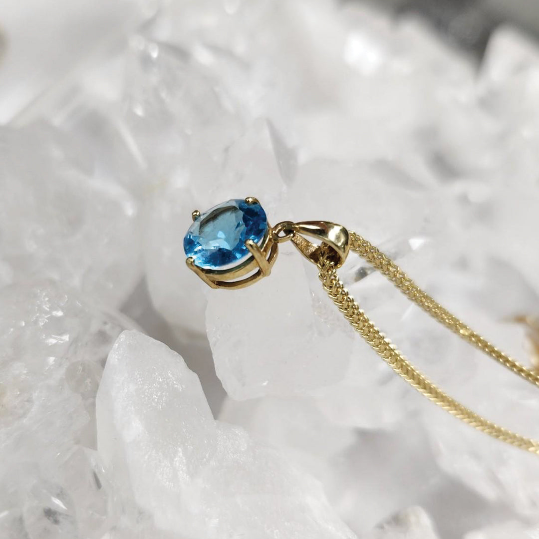 Round Blue Topaz Pendant Set In 10k Gold- Emotional balance | Clear communication | Increases focus