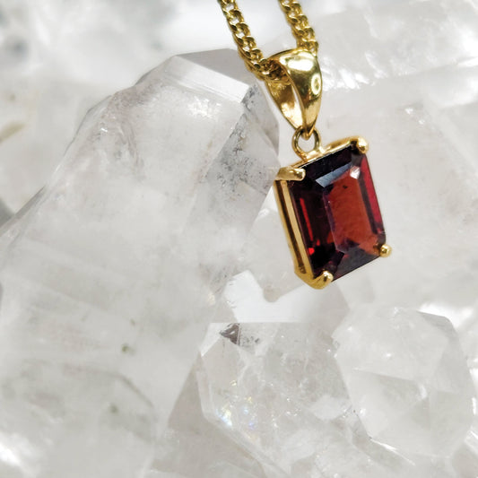 Garnet Square Pendant Set In 14k Gold- Increases Feelings Of Support And Joy | Self Worth | Releases Panic Worry And Anxiety | Reproductive Health