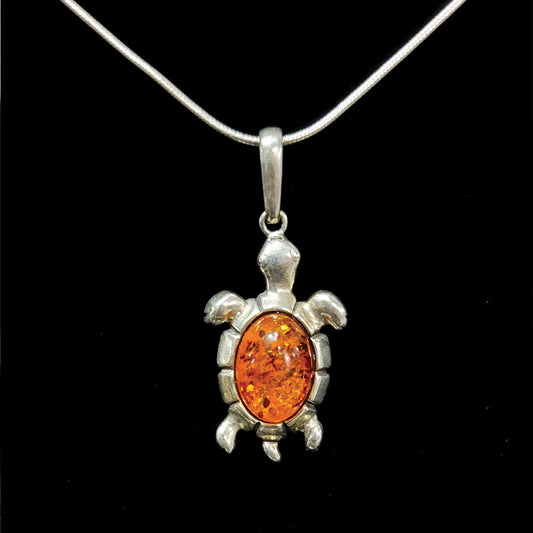 Sterling Silver Amber Turtle Pendant - Amber-Increases energy levels|Personal evolution|Purifying